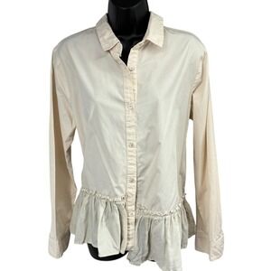 CLU Cream Button Front Ruffle Hem Shirt Mixed Media Cotton Silk Top Size XL‎